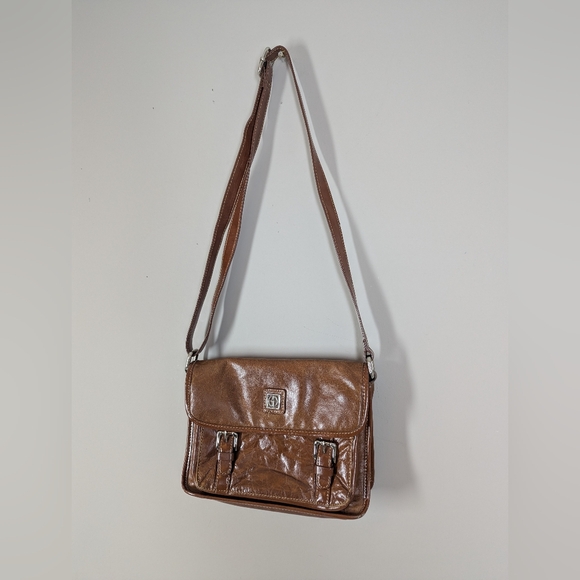 Giani Bernini Italian Leather Brown Satchel Crossbody Bag Multi Compartment - Picture 2 of 11